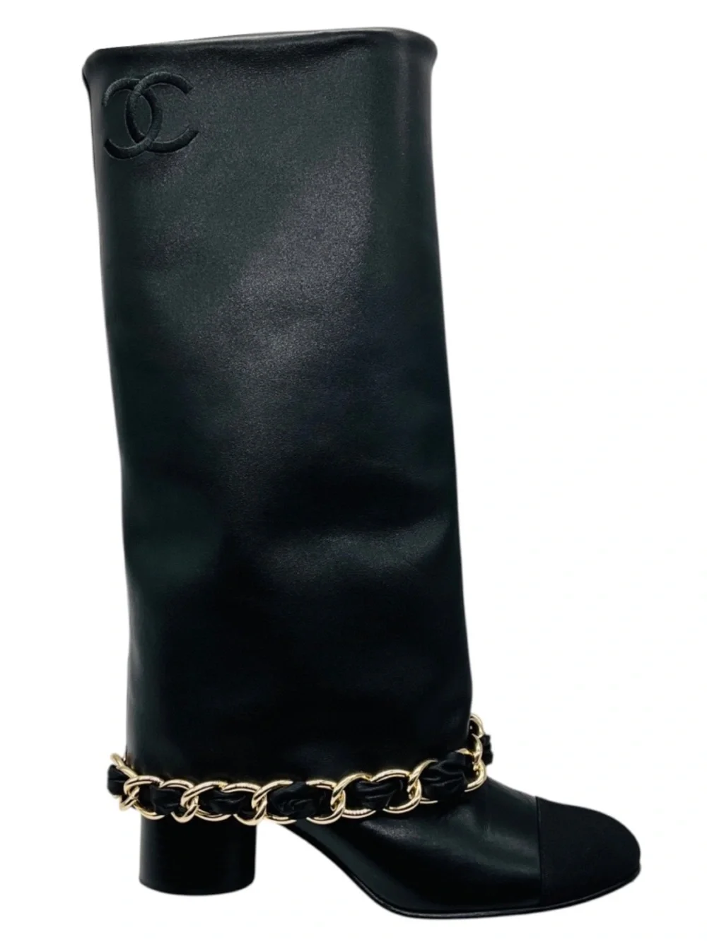 CHANEL BLACK CC LOGO EMBROIDERED TALL LEATHER BOOTS WITH GROSGRAIN CAP TOE AND G